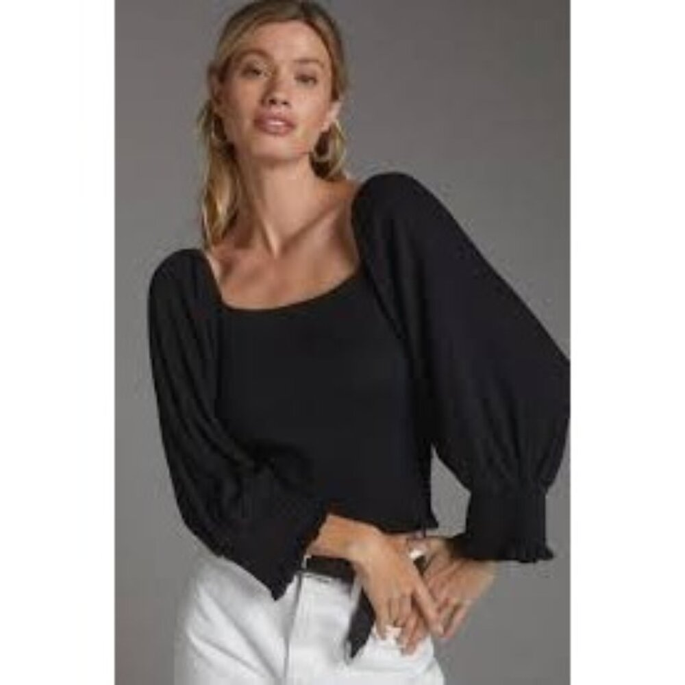 Anthropologie‎ Black Smocked Body Long Puff Sleeve Cropped Shirt Top Small
